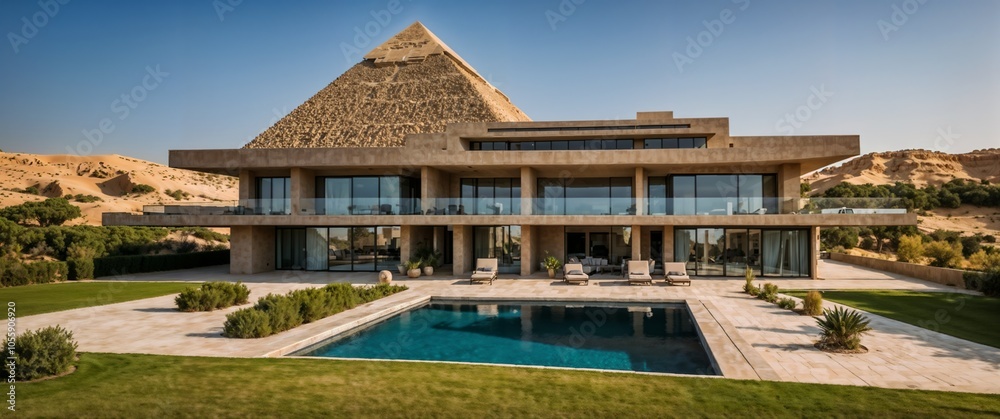 A luxurious house with a pyramid design and a pool A luxurious house with a pyramid design and a pool