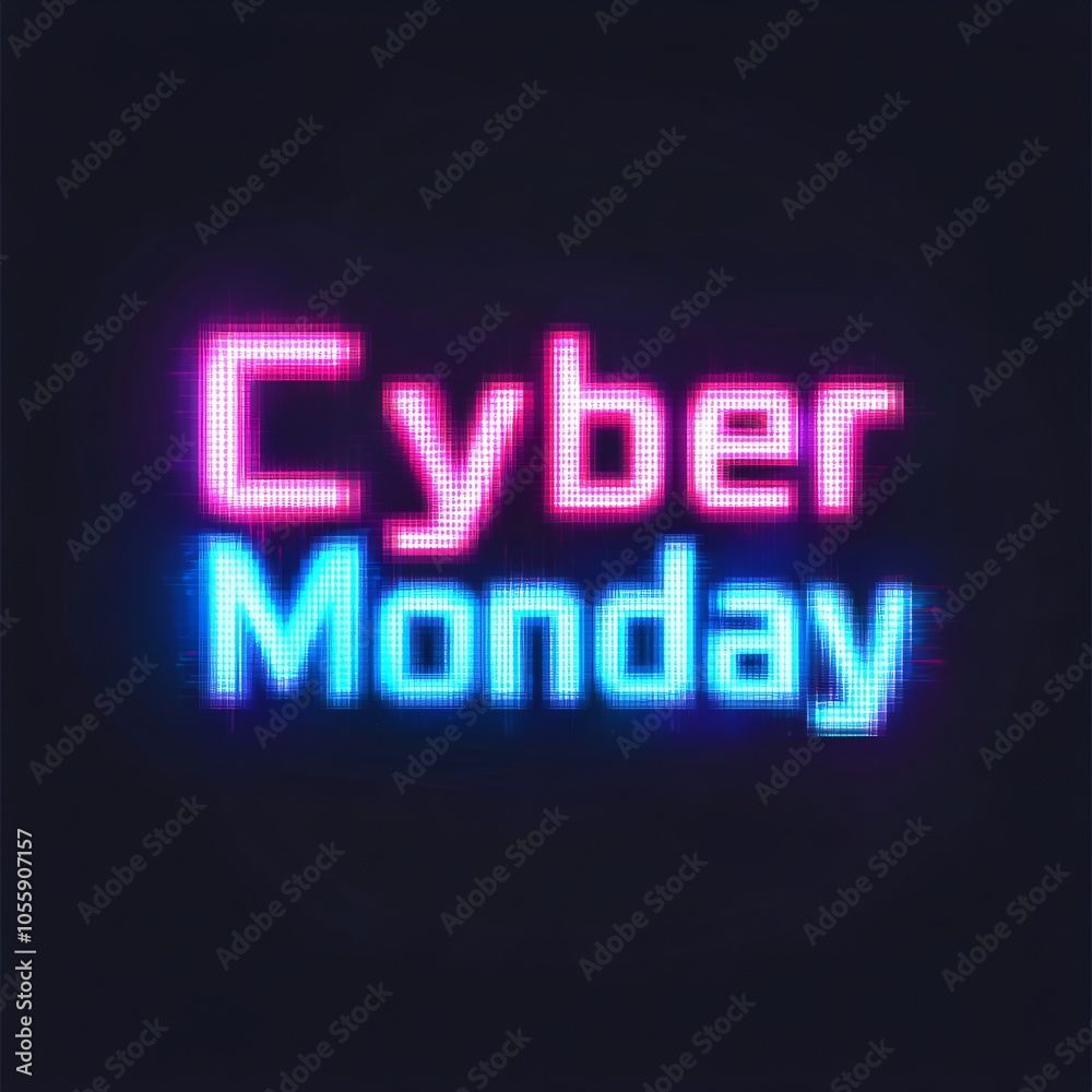Cyber Monday abstract glowing neon text with glitch effect on dark background. Online shopping and big sale. Futuristic concept. Retro cyberpunk 80s, 90s style. Template for banner, poster Cyber Monday abstract glowing neon text with glitch effect on dark background. Online shopping and big sale. Futuristic concept. Retro cyberpunk 80s, 90s style. Template for banner, poster