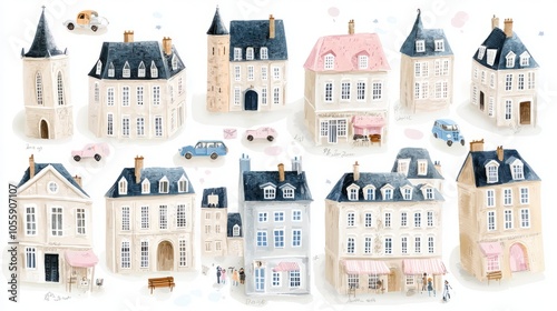 Watercolor illustration of a quaint European town with charming houses, shops, and cars.