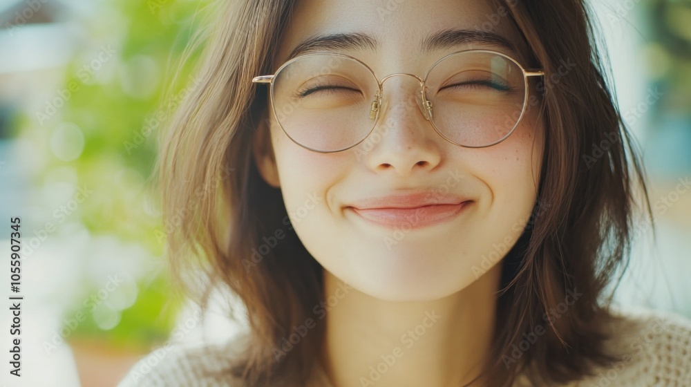 春の静けさを抱きしめる眼鏡をかけた日本人女性の喜びに満ちた表情