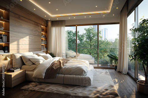 Modern bedroom with beige tones, built-in illuminated shelving, large windows overlooking greenery, and soft ambient lighting for a warm and inviting feel.