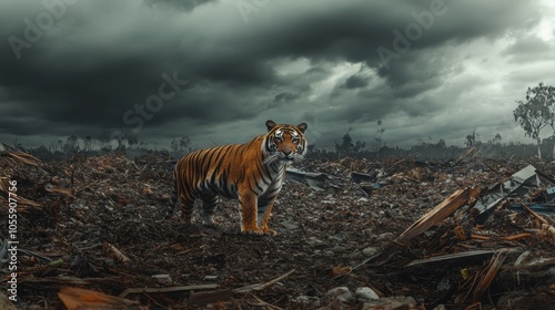 Solitary tiger among debris, dark sky above, embodying the stark clash of wildlife and environmental degradation photo