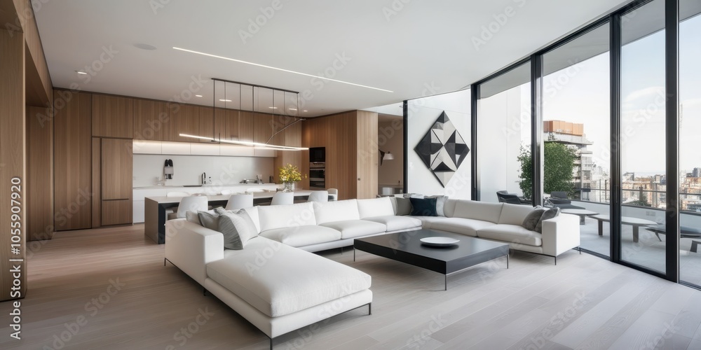 Modern minimalist living room, floor-to-ceiling windows, city skyline view, neutral color palette, brown accent wall, white sofa, low coffee table, abstract wall art, recessed lighting, hardwood floor