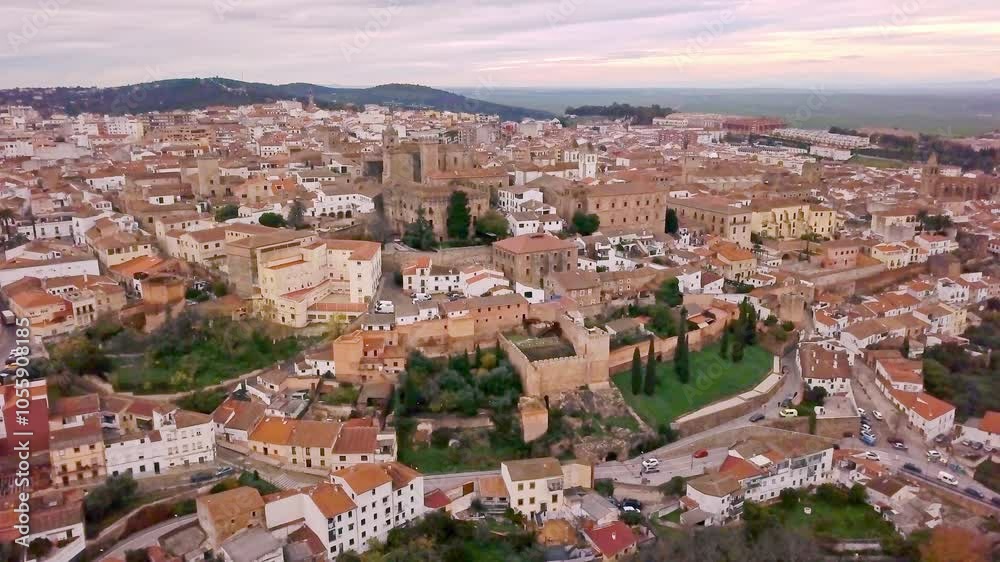 Camino de Santiago Extremadura Caceres aerial view. UNESCO medieval roman fortificacion cityscape
