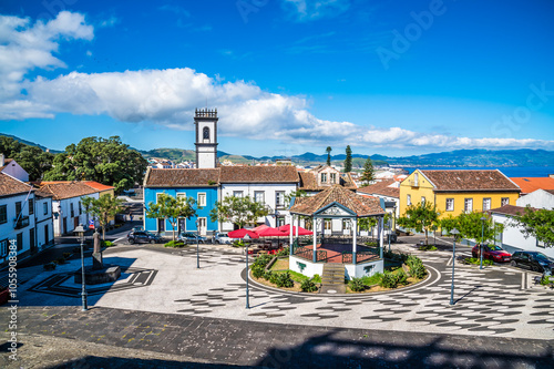 A view down from the steps of the Parish Church of Our Lady of the Star in Ribeira Grande of the island of San Miguel in the Azores in summertime