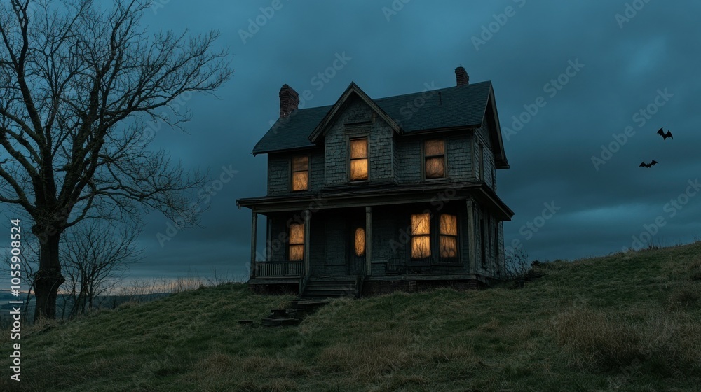 A Creepy, Abandoned House with Windows Lit Up at Dusk A Creepy, Abandoned House with Windows Lit Up at Dusk