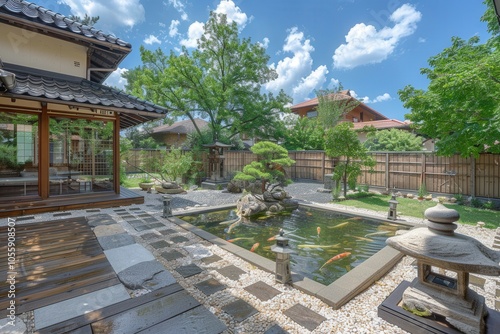 A Japanese garden with a pond and a small house in the background