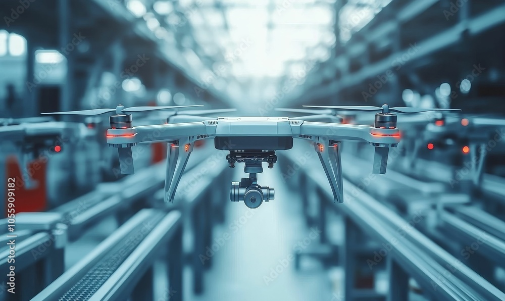 Drone in a factory setting. Drone in a factory setting.
