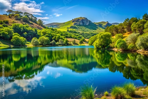 Panoramic View of Fanaco Lake in Sicily's Sicani Mountains Surrounded by Refalzafi Forest in Spring