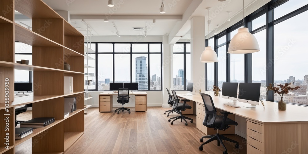 modern open office space, large windows, city skyline view, wooden floors, white walls, exposed ceiling, ergonomic office chairs, sleek desks, minimalist design, natural light, spacious interior, cont modern open office space, large windows, city skyline view, wooden floors, white walls, exposed ceiling, ergonomic office chairs, sleek desks, minimalist design, natural light, spacious interior, cont