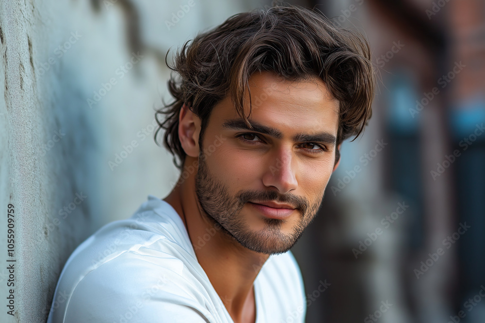 Portrait of Handsome Young Man with Beard and Wavy Hair Looking at Camera Outdoors. Portrait of Handsome Young Man with Beard and Wavy Hair Looking at Camera Outdoors.