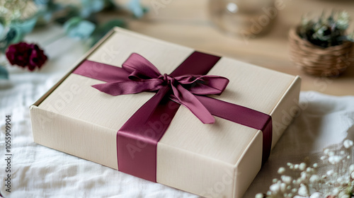 Gift box with kraft paper and a colourful  ribbon on a colourful background ,  Holiday gift box wrapped in craft paper with coloruful on table background photo