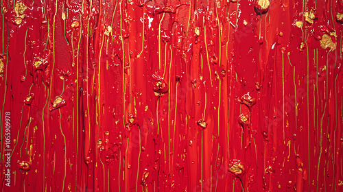 Abstract red and gold textured painting with dripping paint photo