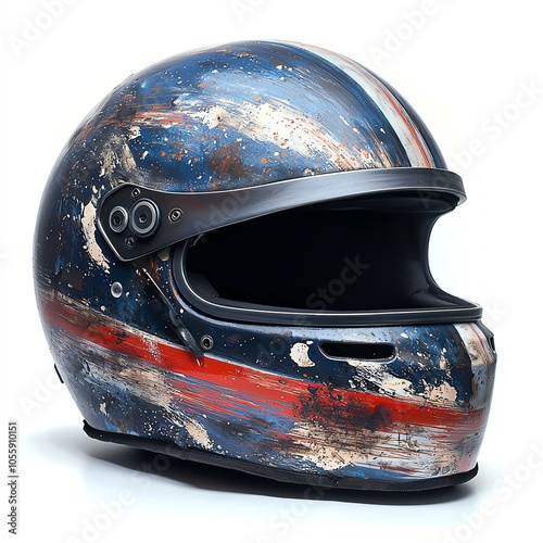 Race car helmet with a creative design and worn paint, isolated on a white background. photo