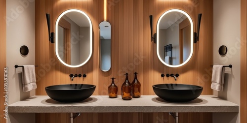 Modern luxury bathroom, double vanity, oval backlit mirrors, warm wood paneling, black vessel sinks, amber glass bottles, minimalist design, indirect lighting, high-end finishes, symmetrical layout, c