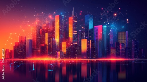 Futuristic Skyline, vibrant city lights reflecting on water under a digital network sky, colorful urban nightscape