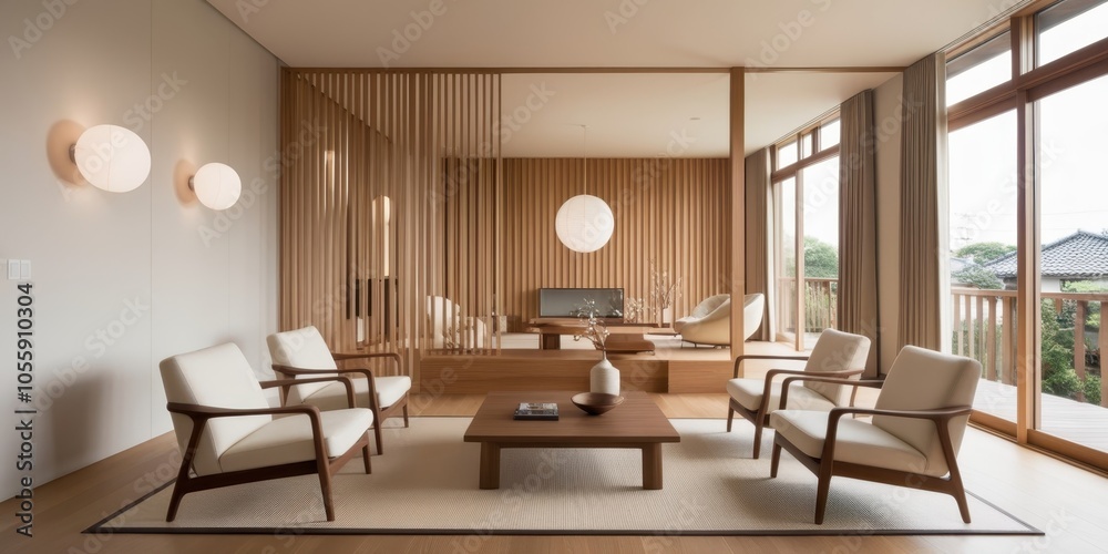 Fototapeta premium Modern minimalist living room, warm beige tones, vertical wood slat wall, sleek furniture, round pendant lights, large windows, natural light, coffee table, armchairs, cozy atmosphere, contemporary de