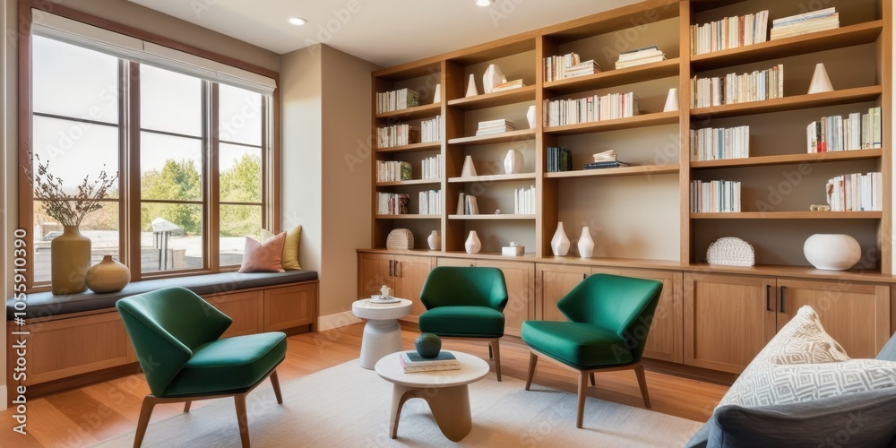 Modern home library, warm wood tones, floor-to-ceiling bookshelves, large windows, natural light, green velvet armchairs, round coffee table, minimalist desk, cozy reading nook, mid-century modern aes