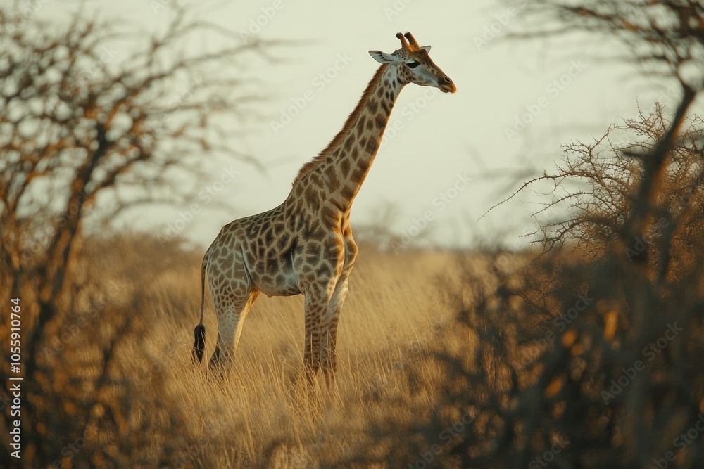 Giraffe Standing Amidst Grass and Trees in Warm Light