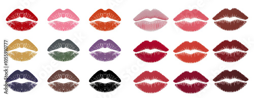 Set of 18 lipstick kiss icons in different colors on a white transparent background