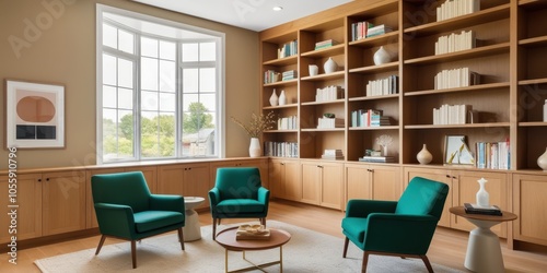 Modern home library, warm wood tones, floor-to-ceiling bookshelves, large windows, natural light, green velvet armchairs, round coffee table, minimalist desk, cozy reading nook, mid-century modern aes