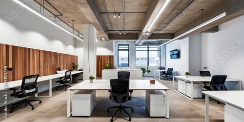 Modern office interior, sleek conference room, minimalist design, wood paneling, white brick walls, large windows, natural light, ergonomic chairs, long meeting table, open workspace, pendant lighting