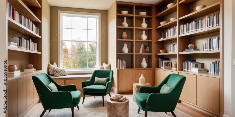Modern home library, warm wood tones, floor-to-ceiling bookshelves, large windows, natural light, green velvet armchairs, round coffee table, minimalist desk, cozy reading nook, mid-century modern aes Modern home library, warm wood tones, floor-to-ceiling bookshelves, large windows, natural light, green velvet armchairs, round coffee table, minimalist desk, cozy reading nook, mid-century modern aes
