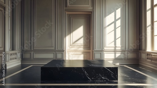 Elegant Minimalist Room with Luxurious Marble Table and Sunlit Windows