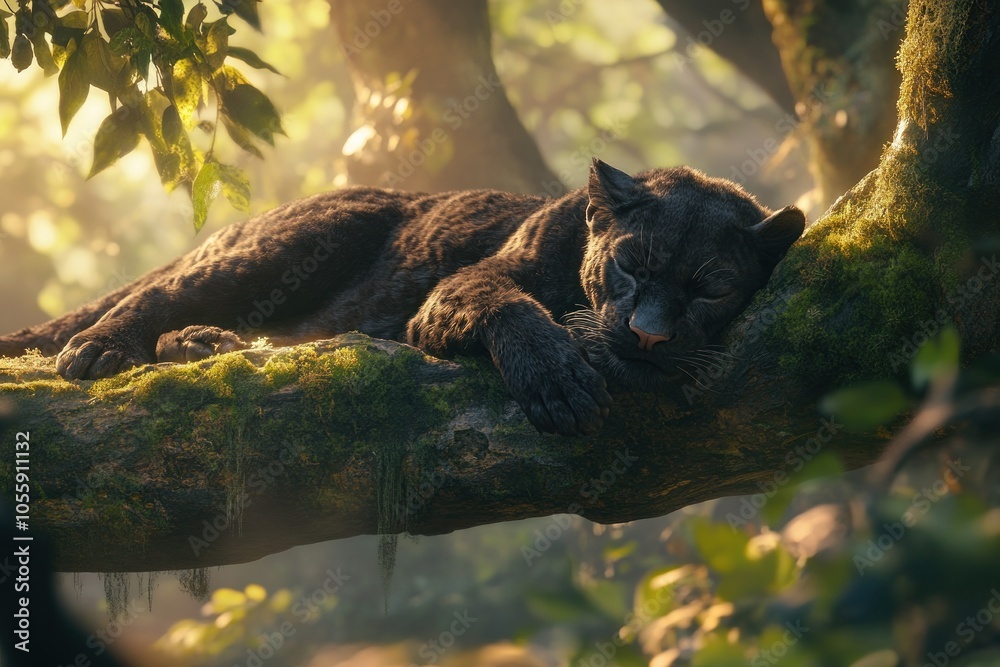 Peaceful Panther Resting in a Sunlit Forest Peaceful Panther Resting in a Sunlit Forest