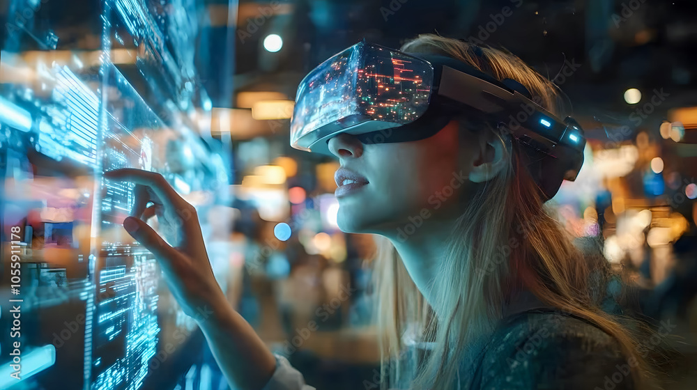 Obraz premium Woman Using Virtual Reality Technology in Modern Setting