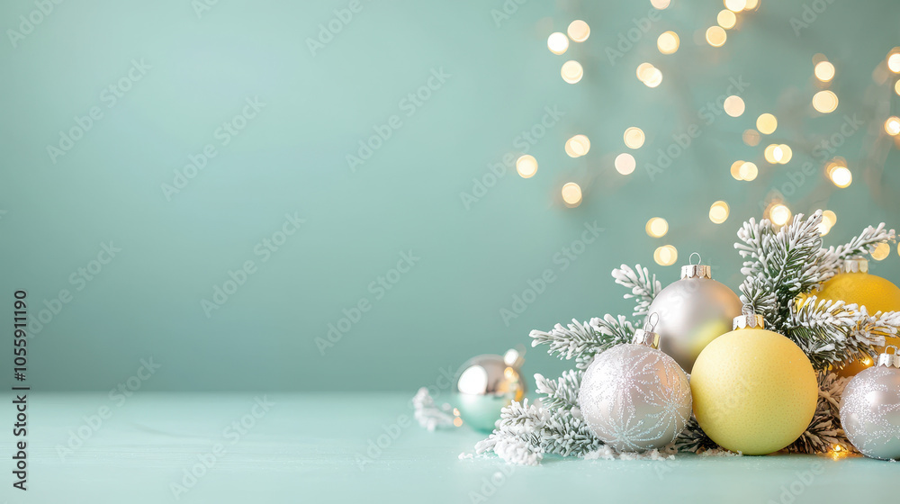 Decorative Christmas ornaments in silver and yellow on a green background with festive bokeh lights and snowy branches Decorative Christmas ornaments in silver and yellow on a green background with festive bokeh lights and snowy branches
