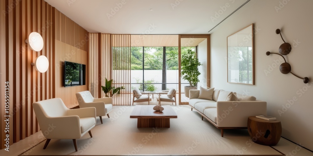 Fototapeta premium Modern minimalist living room, warm beige tones, vertical wood slat wall, sleek furniture, round pendant lights, large windows, natural light, coffee table, armchairs, cozy atmosphere, contemporary de