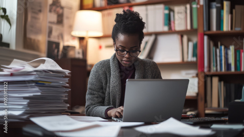 A researcher applying for government grants on a laptop in a cozy office, stacks of reference materials and documents surrounding the workspace