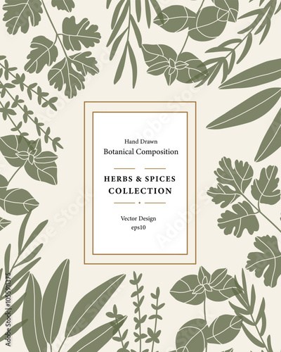 Flat vector herbs frame. Botanical illustration