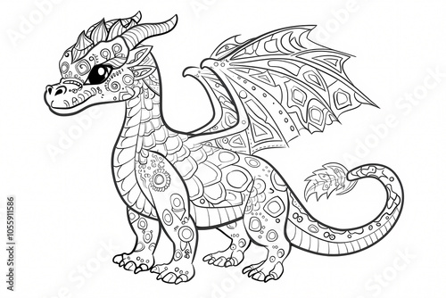 A whimsical dragon illustration featuring intricate patterns, ready for coloring, showcasing its playful design and majestic wings.