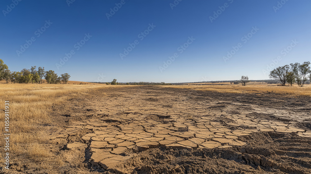 A wide shot of cracked land under a clear blue sky, with deep fissures stretching across the dry surface, highlighting the effects of drought A wide shot of cracked land under a clear blue sky, with deep fissures stretching across the dry surface, highlighting the effects of drought
