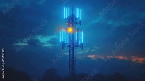 Telecommunication cell tower with multiple antenna, glowing blue digital