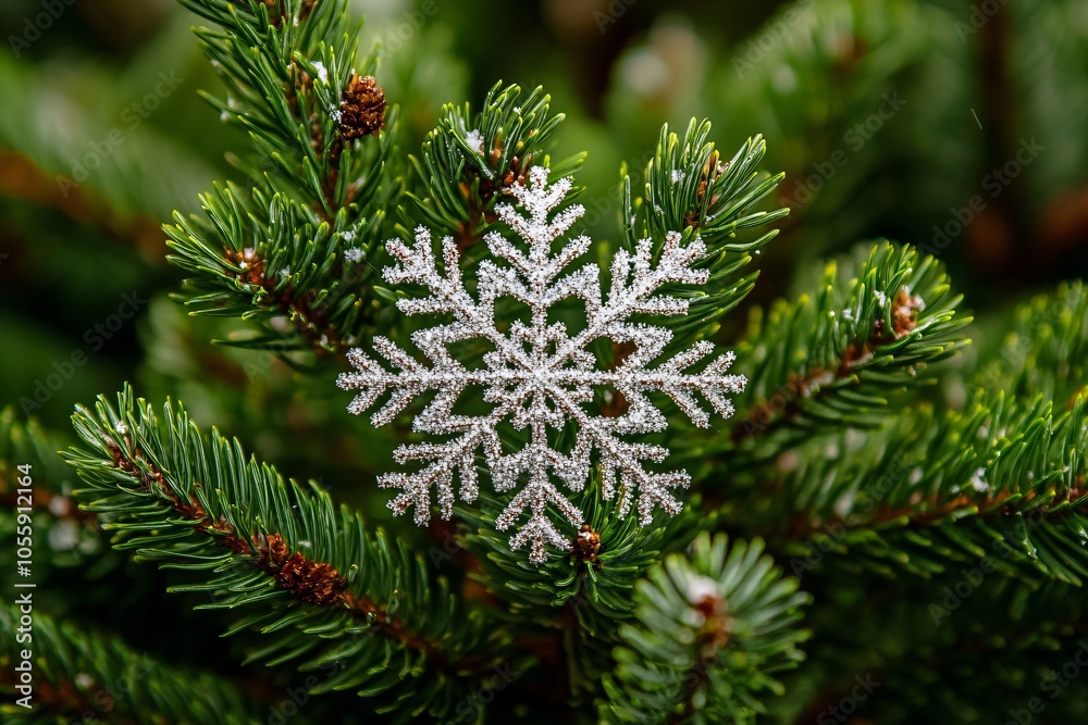 Closeup of snowflake on Christmas fir tree in winter snowy forest. Christmas and New Year celebration. Winter holiday decoration. Template for greeting card, banner, poster with copy space Closeup of snowflake on Christmas fir tree in winter snowy forest. Christmas and New Year celebration. Winter holiday decoration. Template for greeting card, banner, poster with copy space