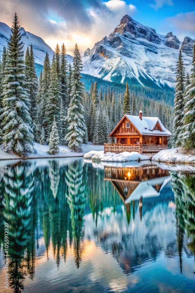 Beautiful view of Lake with snow covered and wooden lodge glowing in rocky mountains and pine forest on winter