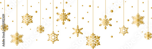 crismasMerry Christmas and New Year festive design with a border made of beautiful golden snowflakes in a modern line art style. winter with falling snow. Christmas decoration. Vector illustration