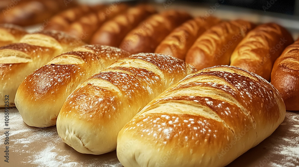 Freshly baked breads lined up in a cozy atmosphere Freshly baked breads lined up in a cozy atmosphere