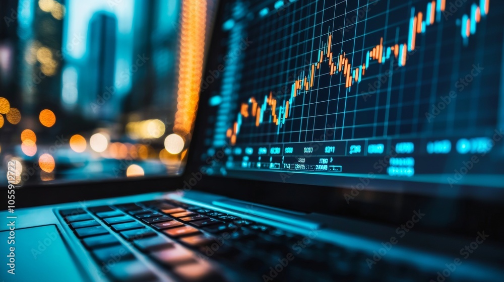 Laptop displaying stock market chart with city lights in background