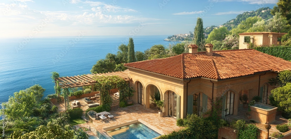 A breathtaking wide-angle perspective of a Mediterranean villa, displaying its terracotta roof, lush greenery, and inviting outdoor terrace with views of the ocean. A breathtaking wide-angle perspective of a Mediterranean villa, displaying its terracotta roof, lush greenery, and inviting outdoor terrace with views of the ocean.