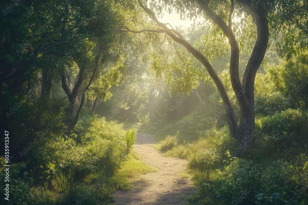 Serene Pathway Through a Lush Green Forest Serene Pathway Through a Lush Green Forest