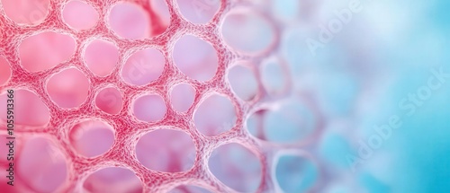 A vibrant macro shot of cellular structures, showcasing pink and blue hues with intricate bubble-like formations, conveying a sense of depth and biological beauty. photo