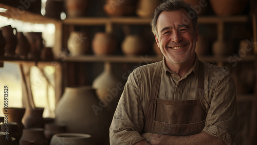 White man, ceramic artist, copy space, smiling photo