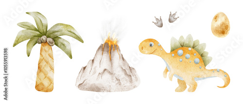 Set of Centrosaurus, Erupting volcano, Palm trees, footprints, eggs. Isolated hand drawn watercolor illustrations of dinos. Clipart of cute orange dinosaurs for children's baby shower cards