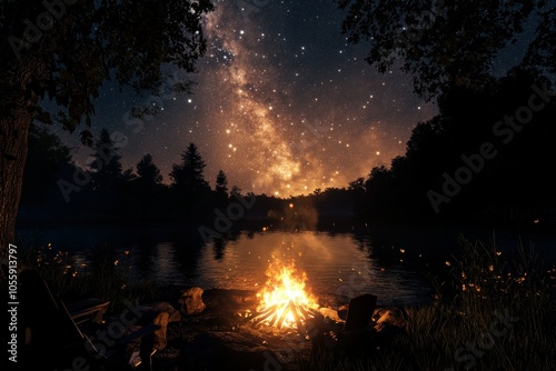 Serene Night Sky Over Campfire By Water