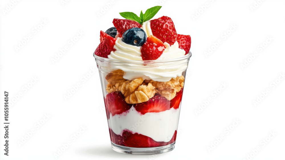 Delicious dessert featuring layers of strawberries, blueberries, whipped cream, and granola, creating healthy and refreshing treat. Perfect for summer! Delicious dessert featuring layers of strawberries, blueberries, whipped cream, and granola, creating healthy and refreshing treat. Perfect for summer!