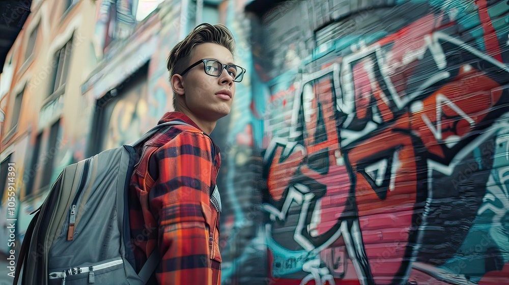 A young man wearing a trendy outfit, standing on a city street with graffiti art in the background. A young man wearing a trendy outfit, standing on a city street with graffiti art in the background.